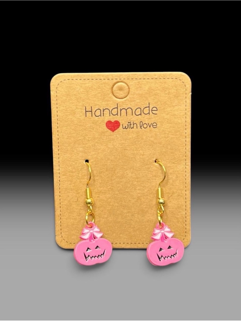 ๐ธ Handmade Pink Jack-O-Lantern Pumpkin Earrings Gold Tone Hooks Cute Spooky ๐